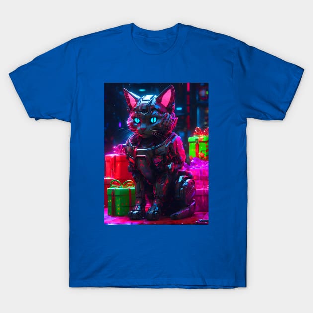 Cyberpunk Robot Cat Christmas T-Shirt by AngelFlame